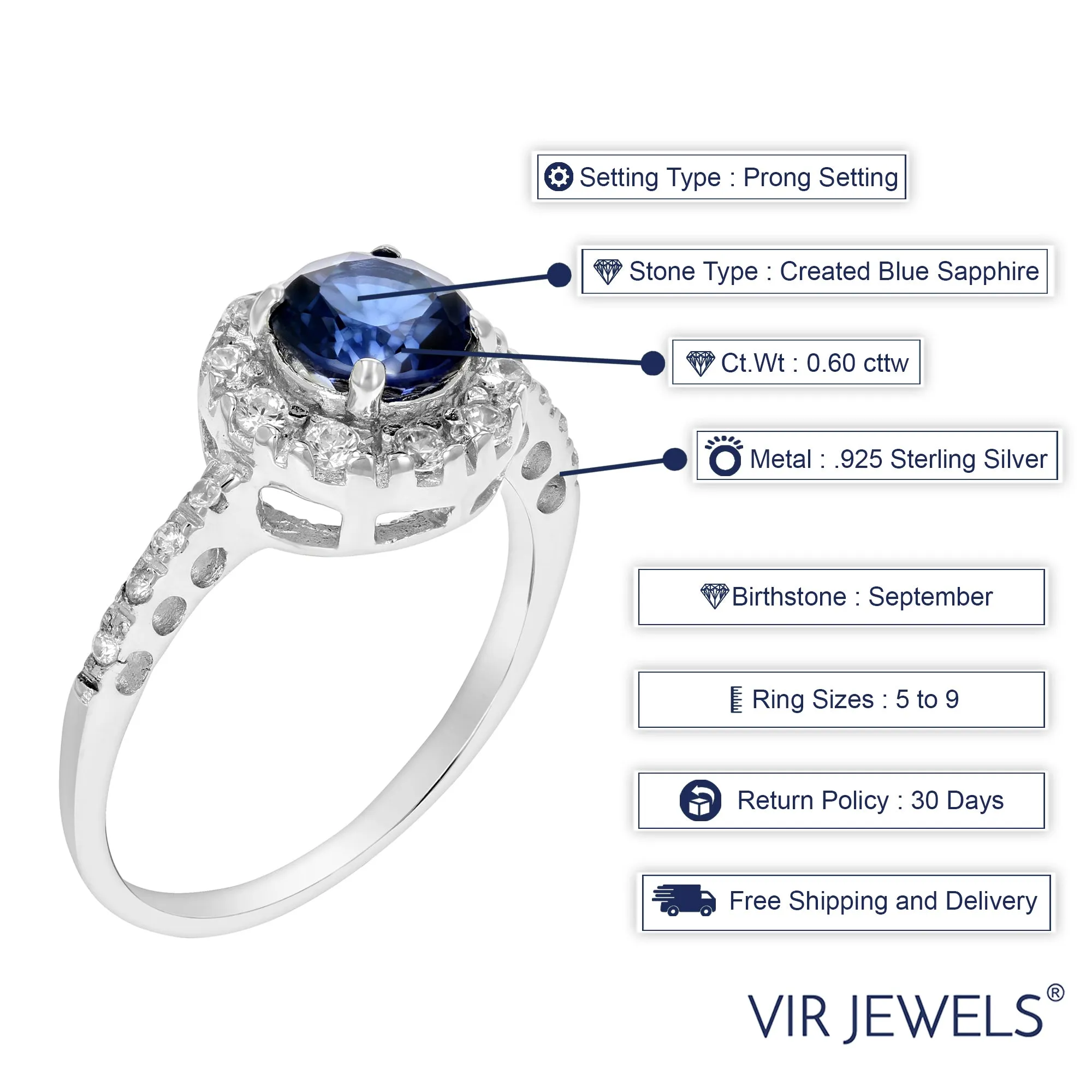 0.60 cttw Created Blue Sapphire Ring .925 Sterling Silver Rhodium Round 6 MM