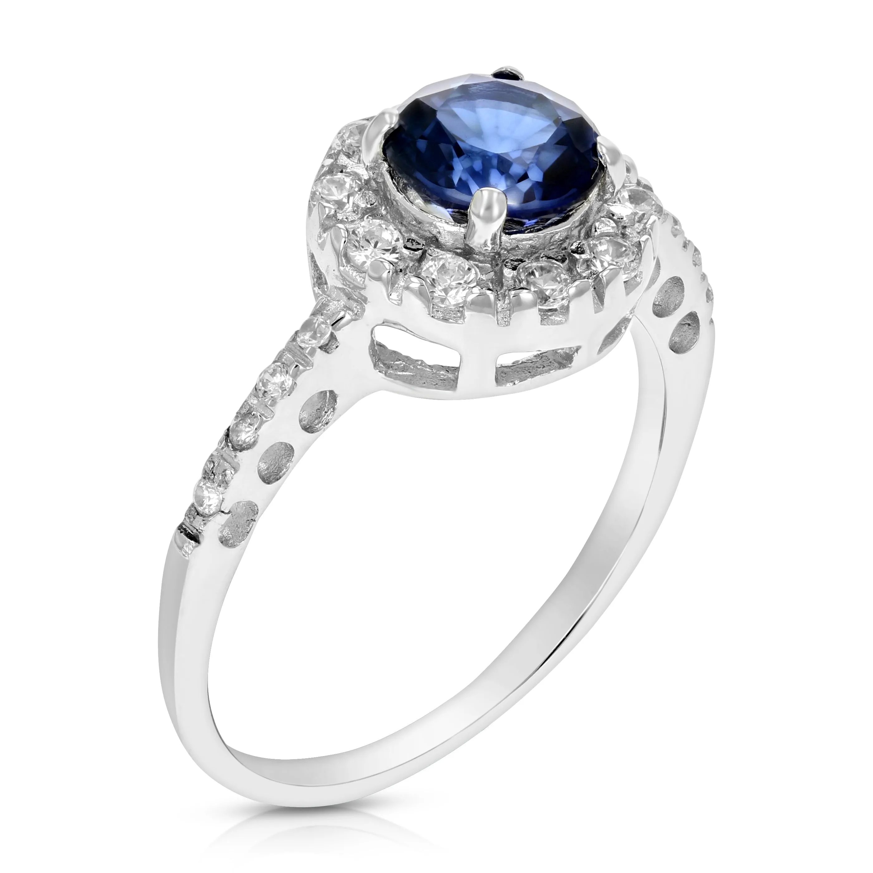 0.60 cttw Created Blue Sapphire Ring .925 Sterling Silver Rhodium Round 6 MM