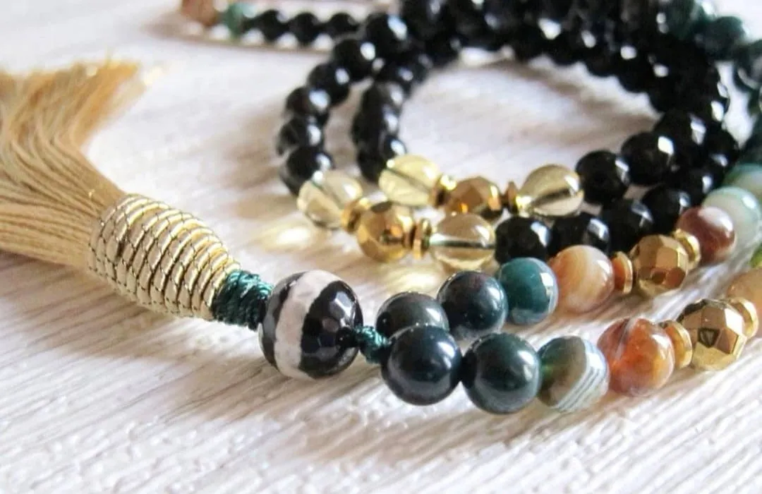 108 Mala Tassel Necklace in Agate, Green Bloodstone, Citrine w/ Champagne Gold Tassel