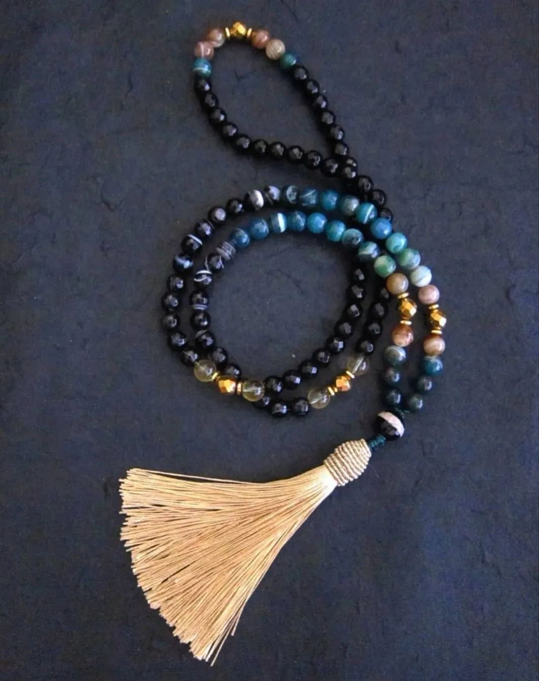 108 Mala Tassel Necklace in Agate, Green Bloodstone, Citrine w/ Champagne Gold Tassel