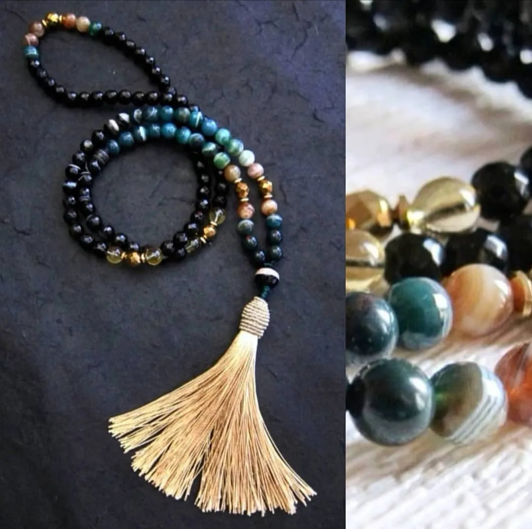 108 Mala Tassel Necklace in Agate, Green Bloodstone, Citrine w/ Champagne Gold Tassel