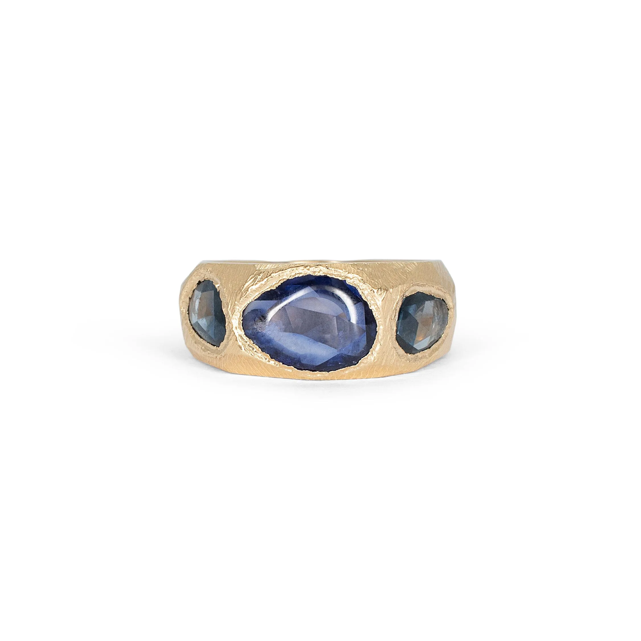 18K Three Stone Ring in Light and Dark Blue Sapphires