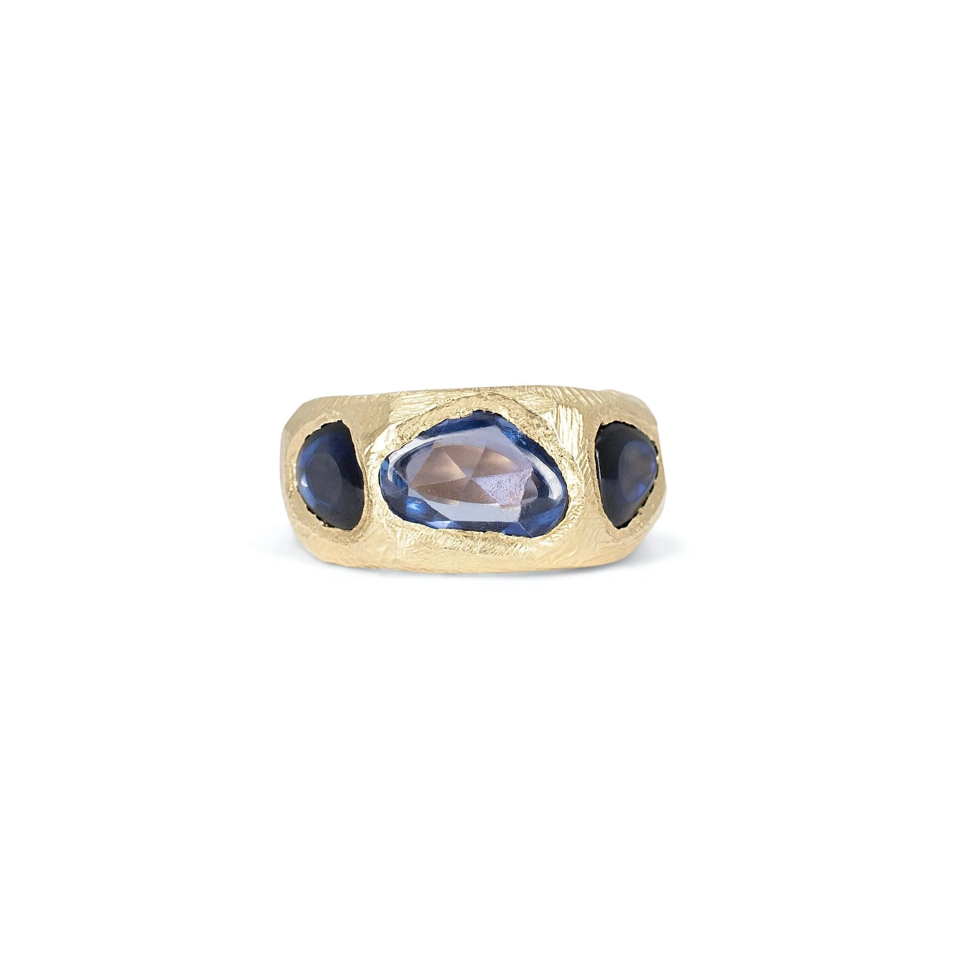 18K Three Stone Ring in Light and Dark Blue Sapphires