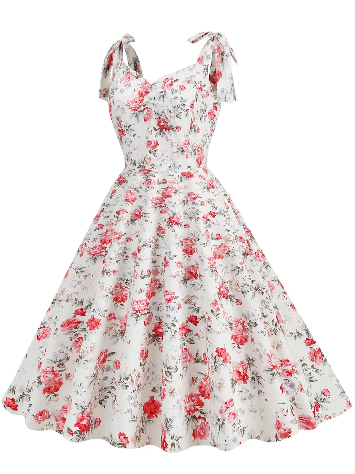 1950s Floral Lace-Up Shoulder V-Neck Swing Dress