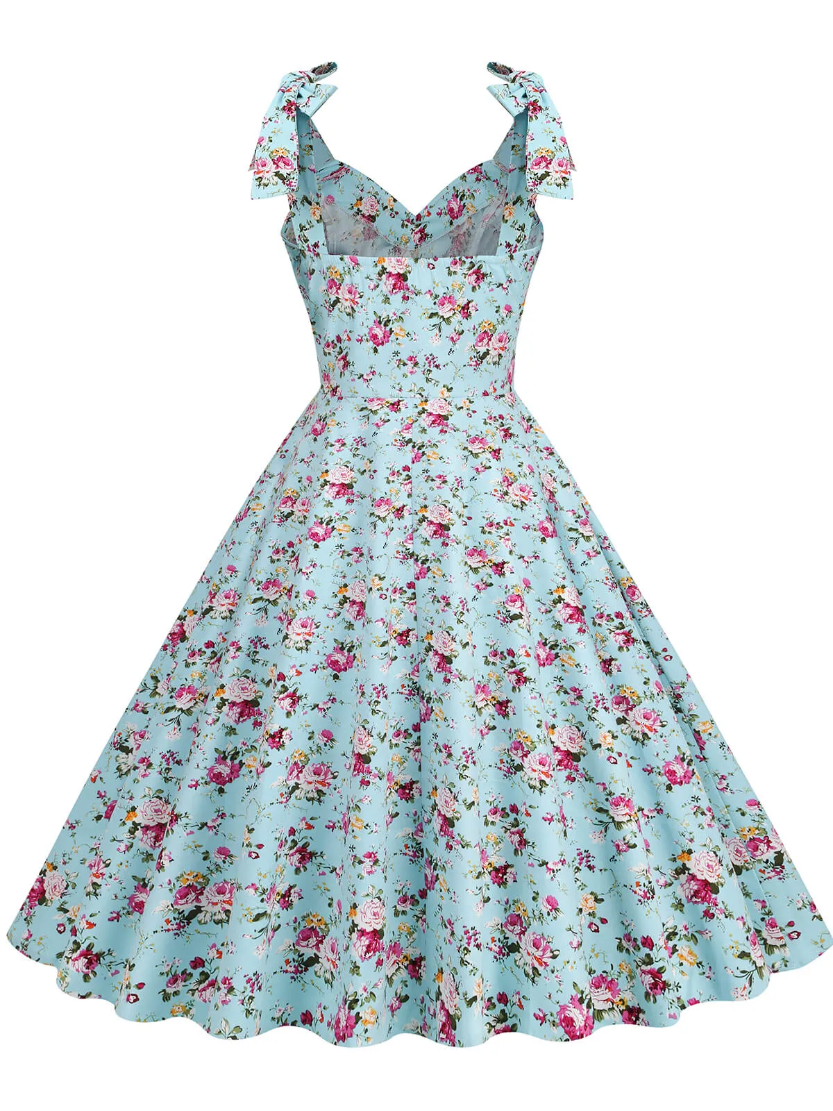 1950s Floral Lace-Up Shoulder V-Neck Swing Dress