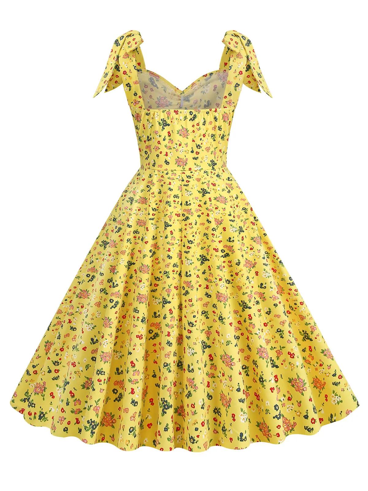 1950s Floral Lace-Up Shoulder V-Neck Swing Dress