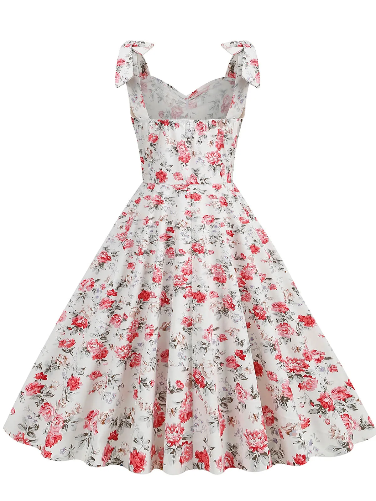 1950s Floral Lace-Up Shoulder V-Neck Swing Dress