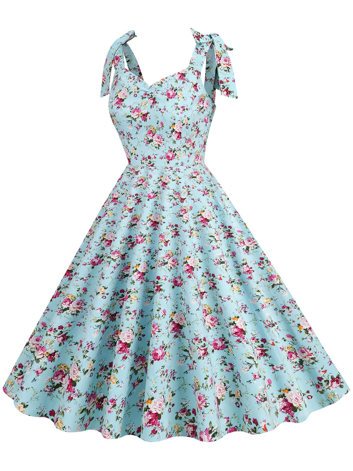 1950s Floral Lace-Up Shoulder V-Neck Swing Dress