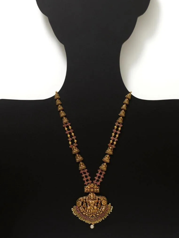 22K Yellow Gold Antique Temple Necklace W/ Rubies, Pearls & Laxmi Pendant