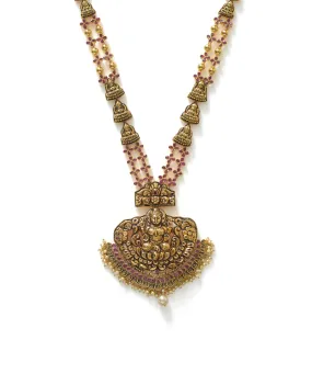 22K Yellow Gold Antique Temple Necklace W/ Rubies, Pearls & Laxmi Pendant