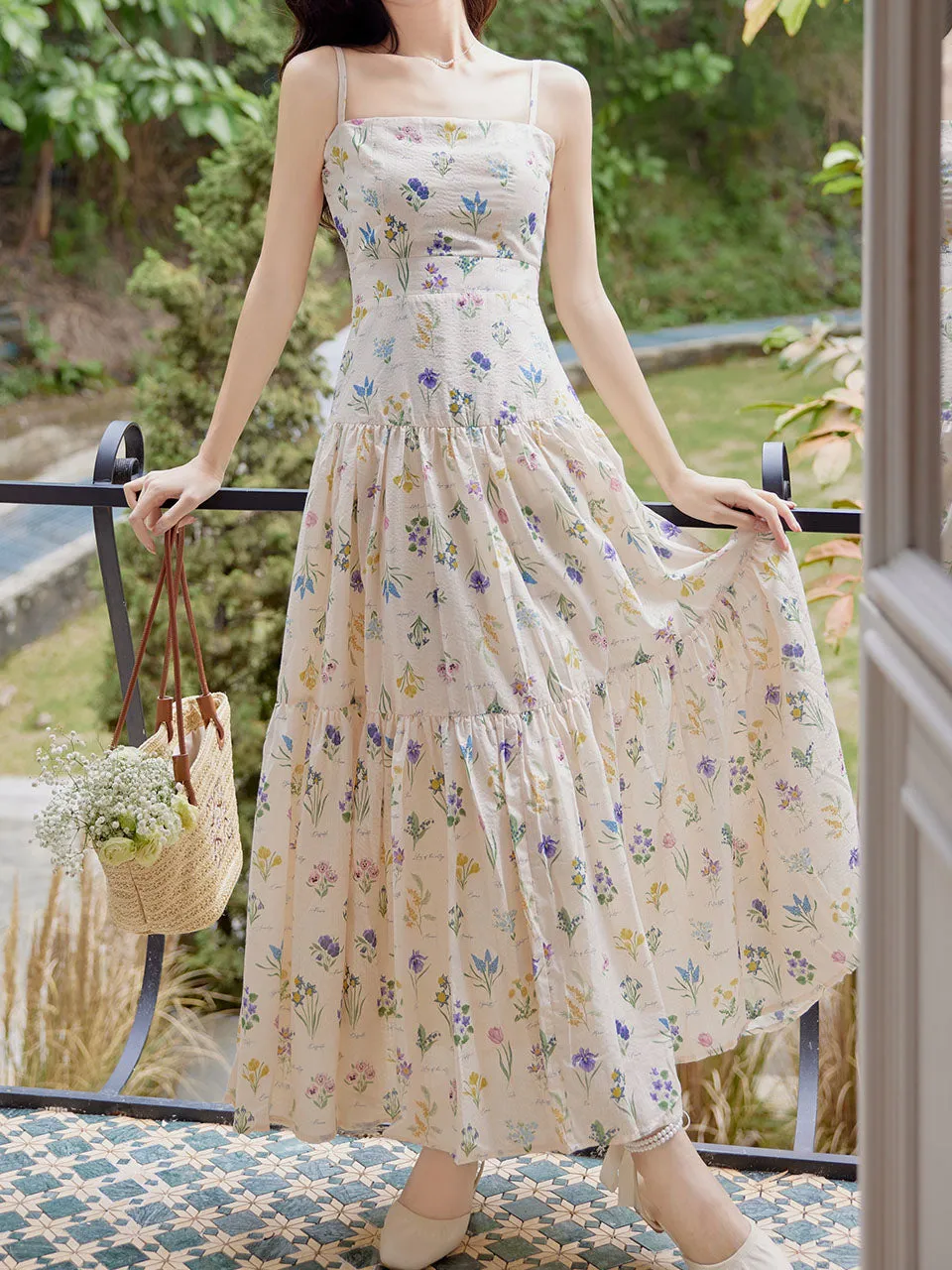 2PS White Floral Print Spaghetti Strap Dress With Blue Shawl Dress Suit