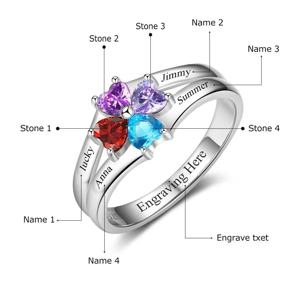 4 Heart Birthstone Mother's Ring Sterling Silver Flower Flower Design