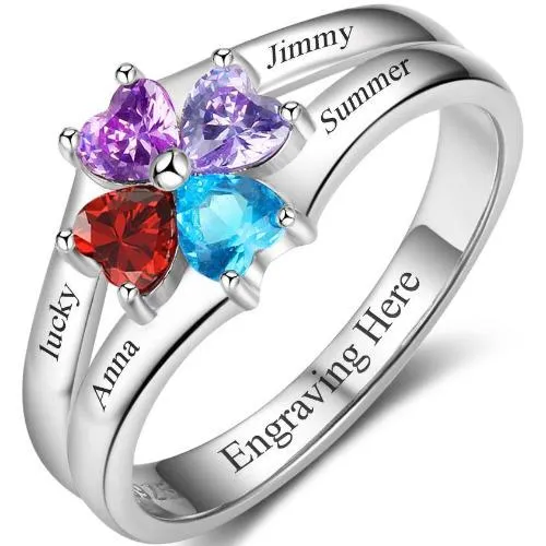 4 Heart Birthstone Mother's Ring Sterling Silver Flower Flower Design