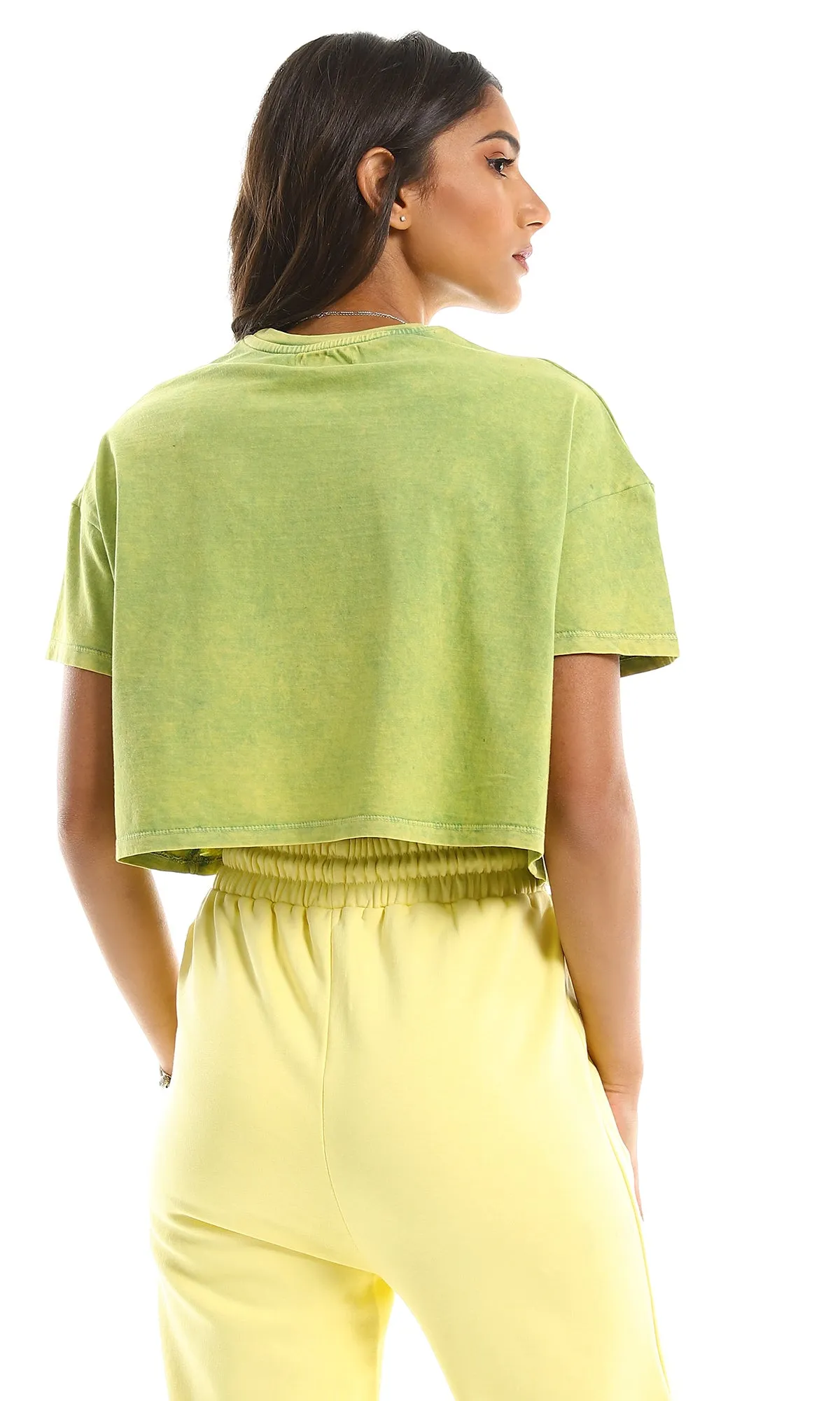 97656 Round Neck Printed Loose Apple Green Tee