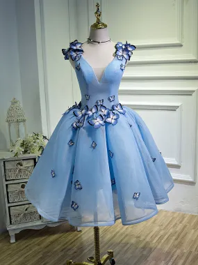 A Line V Neck Short Blue Prom Dresses with Butterfly, Short Blue Formal Homecoming Dresses