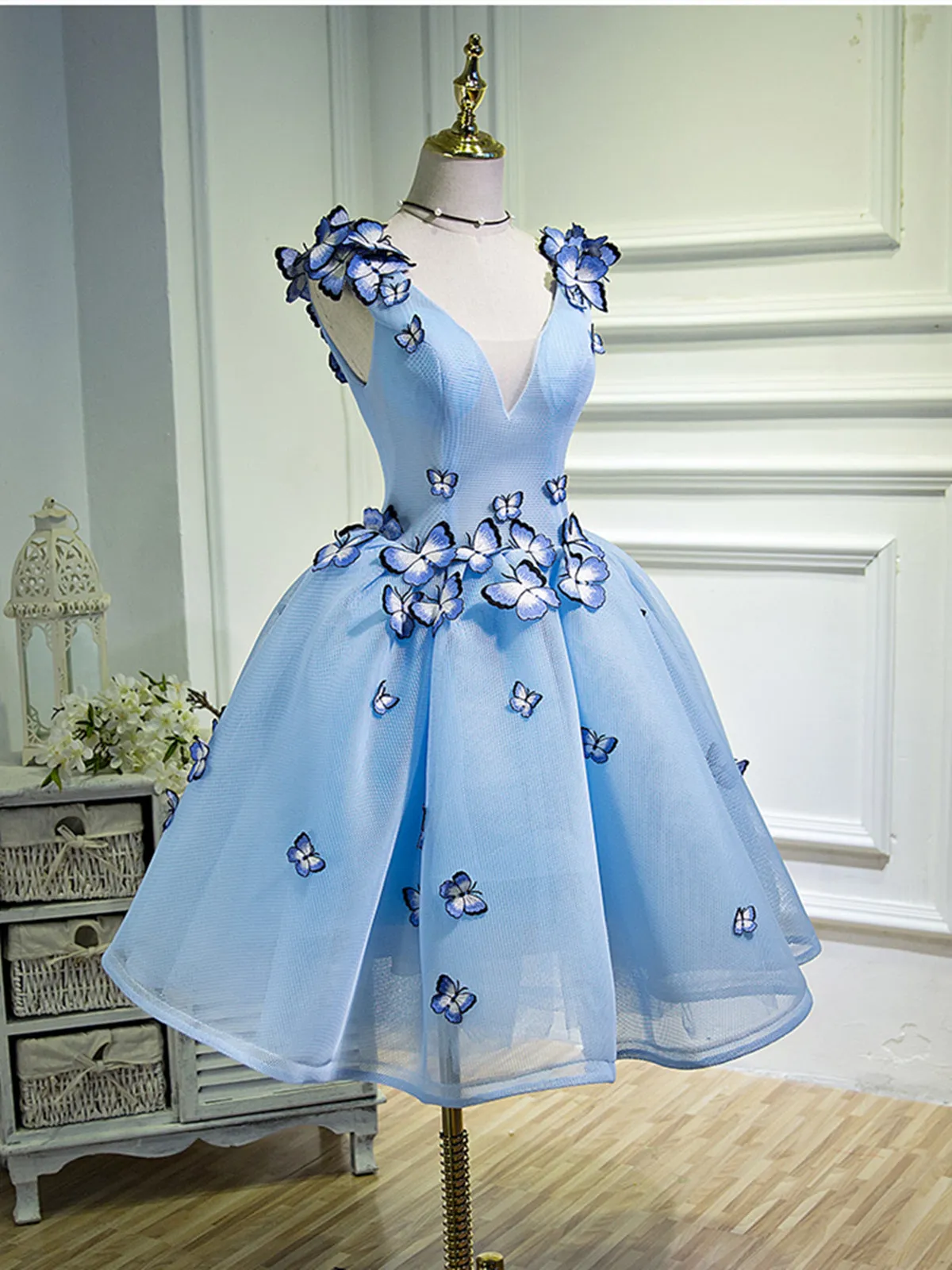 A Line V Neck Short Blue Prom Dresses with Butterfly, Short Blue Formal Homecoming Dresses