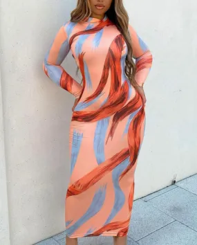 Abstract Print Long Sleeve Sexy Skinny Maxi Dress