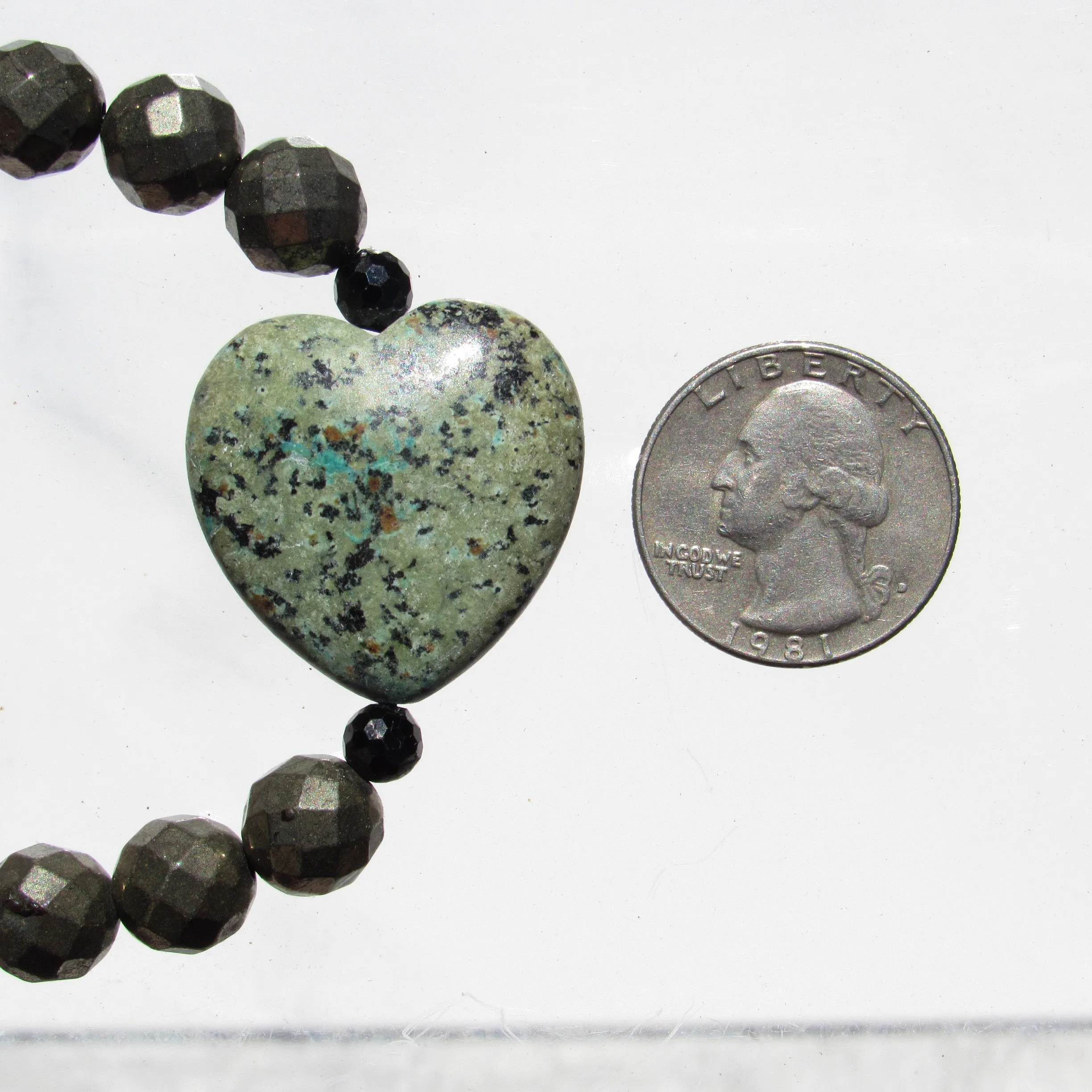 African Turquoise gemstone heart, Pyrite, and Black Spinel bracelet