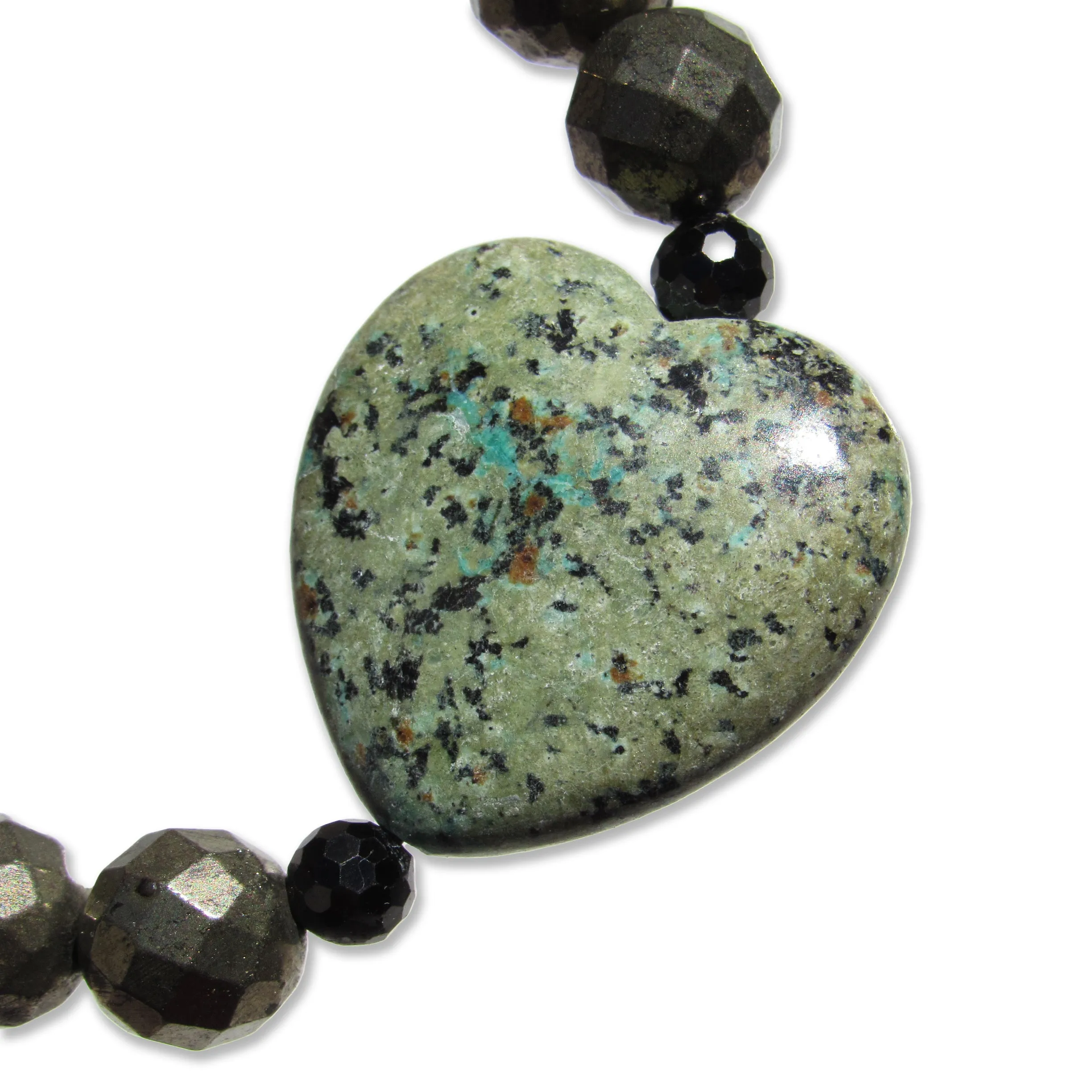 African Turquoise gemstone heart, Pyrite, and Black Spinel bracelet