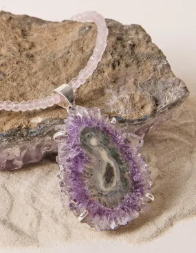 Amethyst Stalactite on Rose Quartz Necklace - One Of A Kind