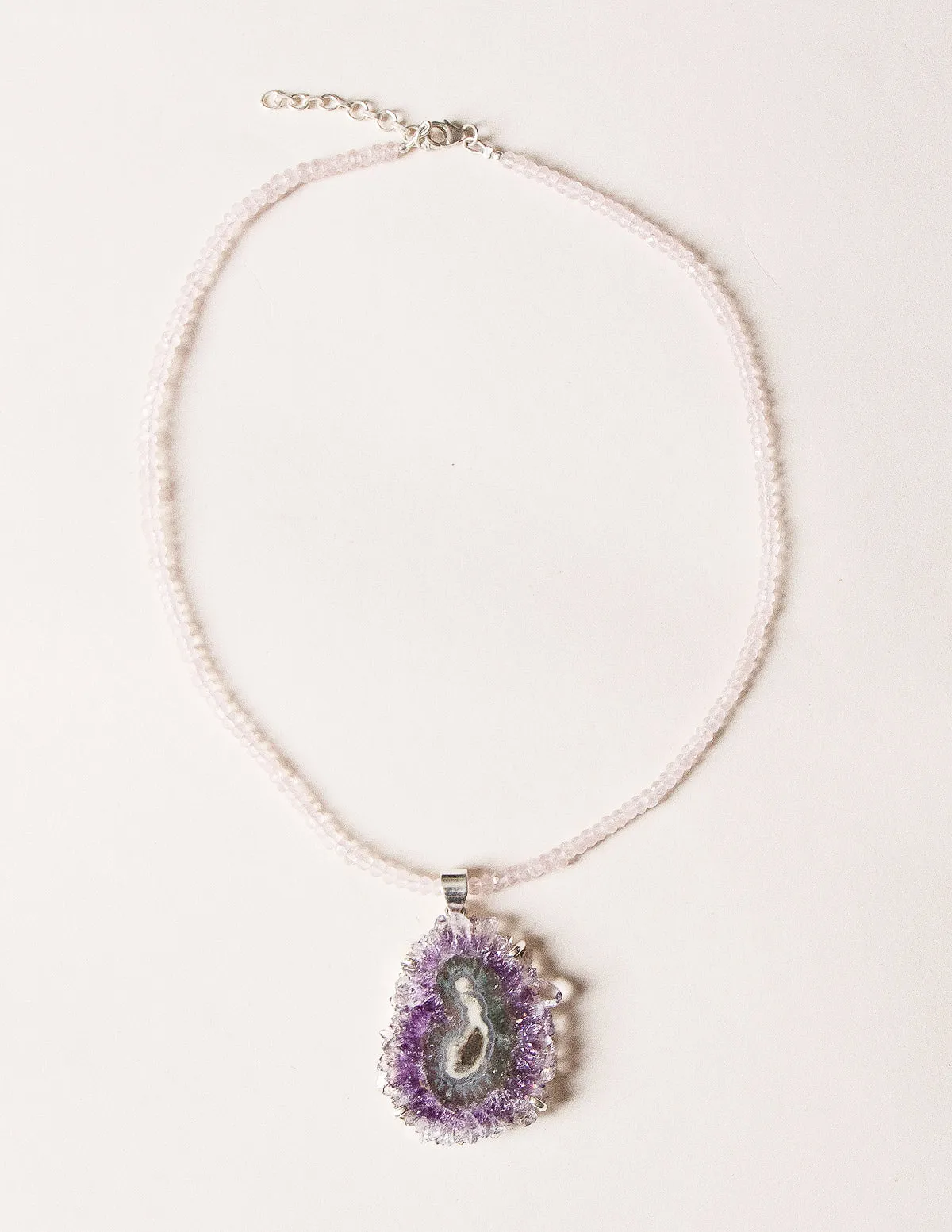 Amethyst Stalactite on Rose Quartz Necklace - One Of A Kind