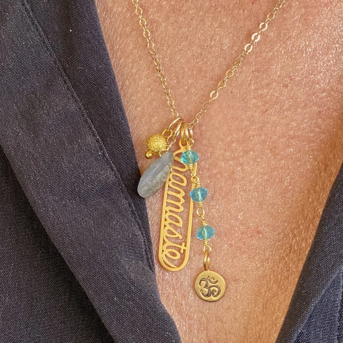 Aquamarine Namaste Yoga Necklace with Ohm (GF)