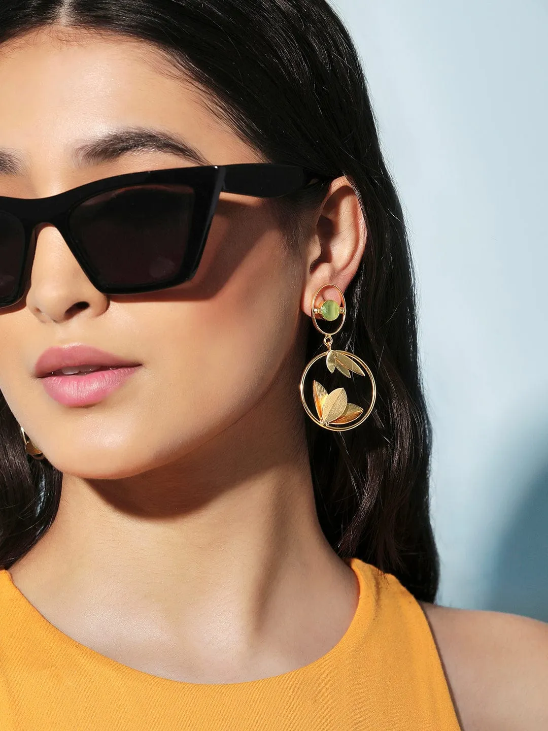 As Seen On Sunny Leone - Rubans Voguish 18K Gold Plated On Copper Handcrafted With Uncut Stone And Leaf Patterns Dangle Earrings.