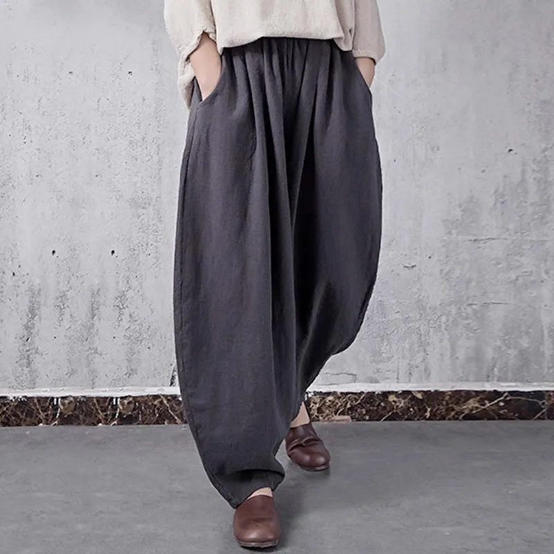 Babakud Ramie Linen Pockets Casual Loose Bloom Pants