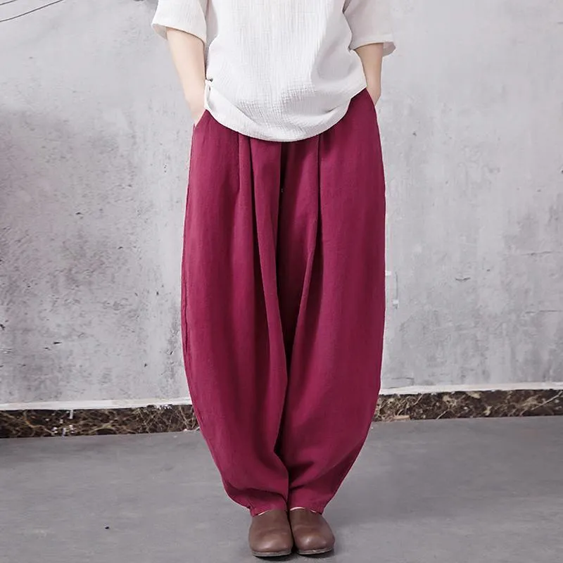 Babakud Ramie Linen Pockets Casual Loose Bloom Pants