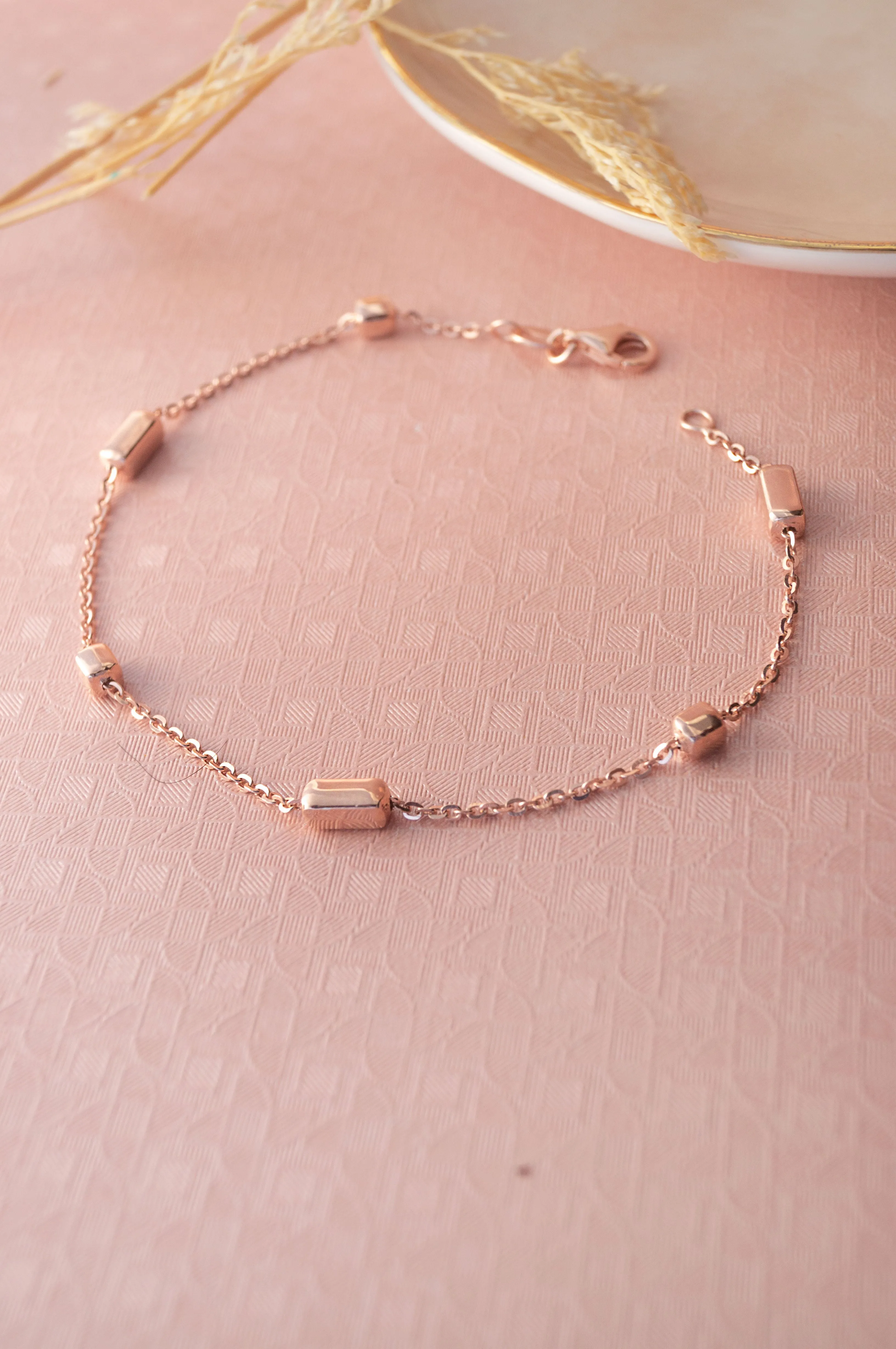 Beaded Station Rose Gold Plated Sterling Silver Chain Bracelet