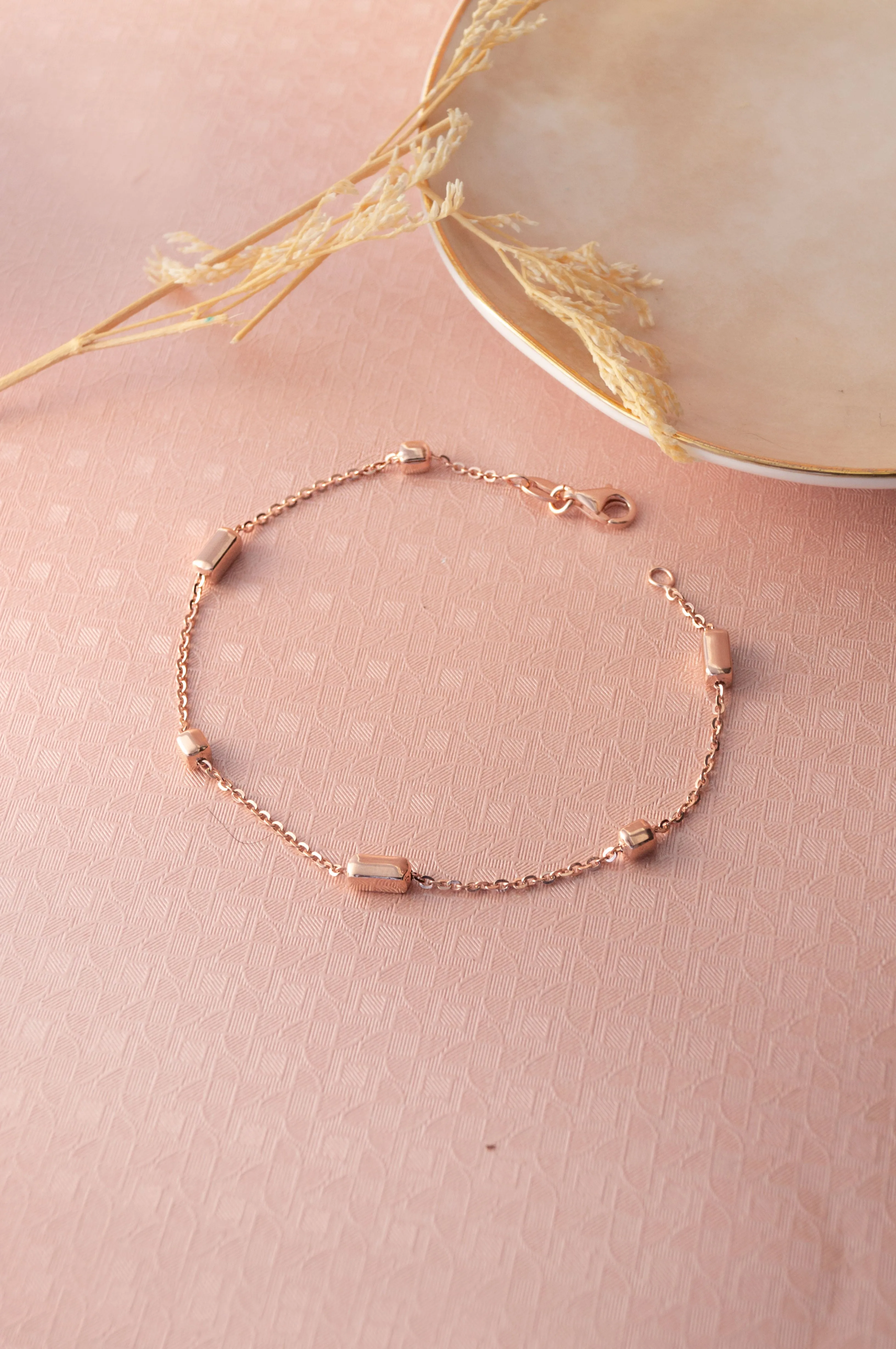 Beaded Station Rose Gold Plated Sterling Silver Chain Bracelet