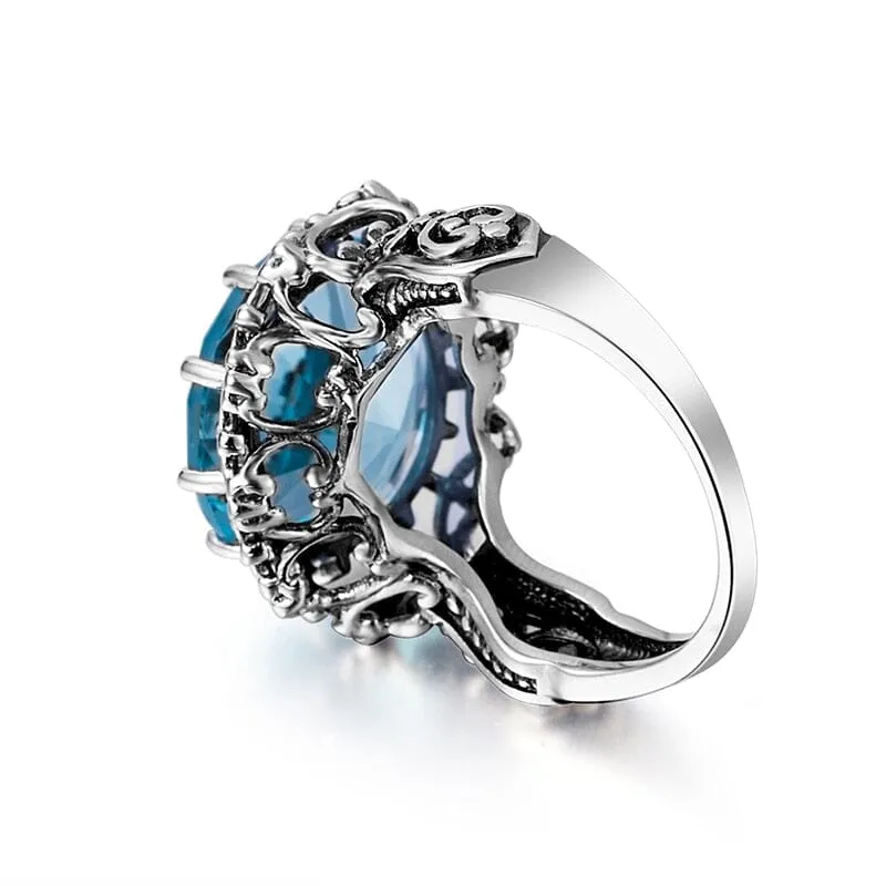 Big Signet Austrian Aquamarine Ring - 925 Sterling Silver