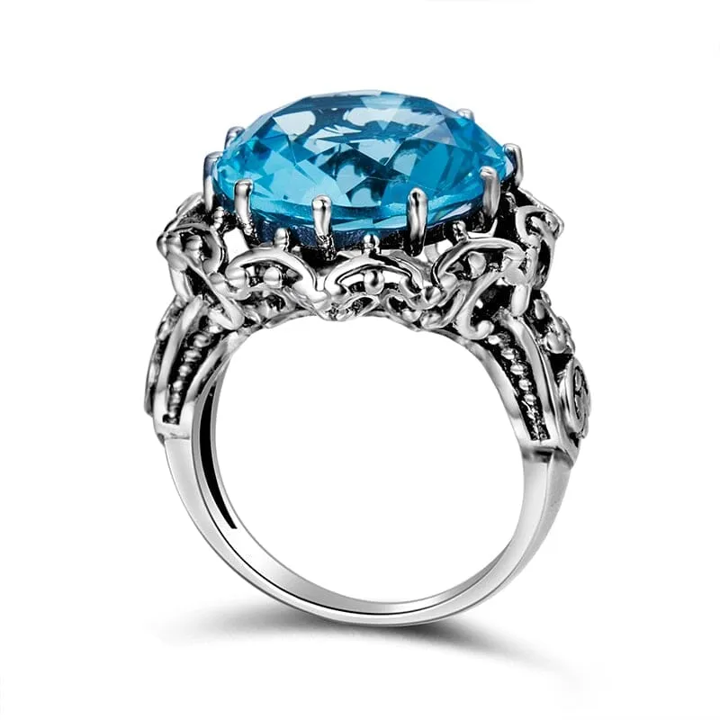 Big Signet Austrian Aquamarine Ring - 925 Sterling Silver