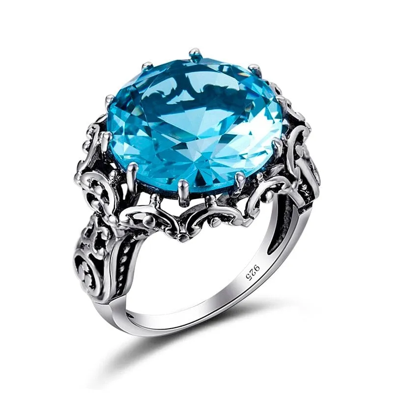 Big Signet Austrian Aquamarine Ring - 925 Sterling Silver