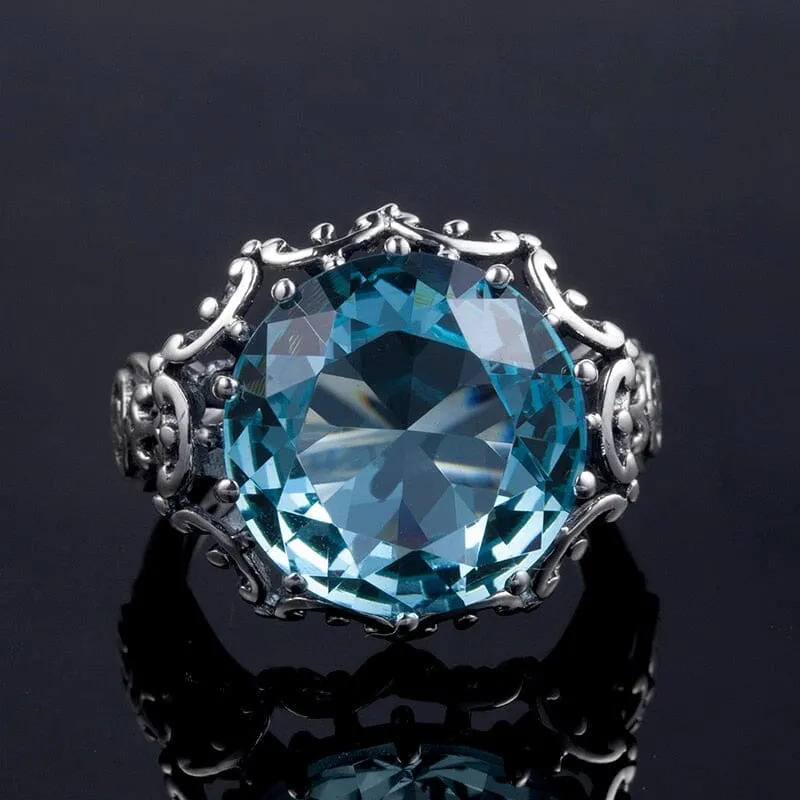 Big Signet Austrian Aquamarine Ring - 925 Sterling Silver