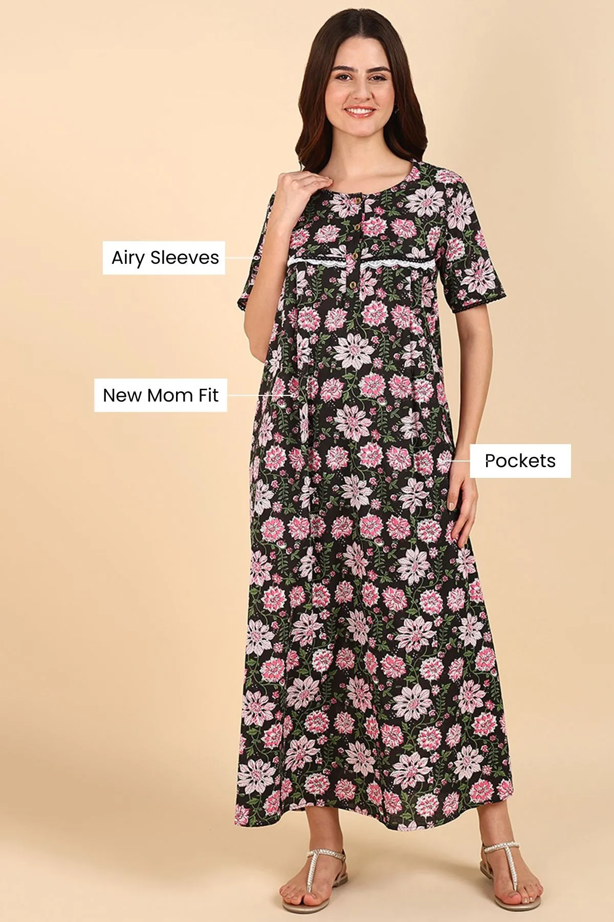 Black Floral Printed 100% Soft Cotton Zipless Maternity Maxi