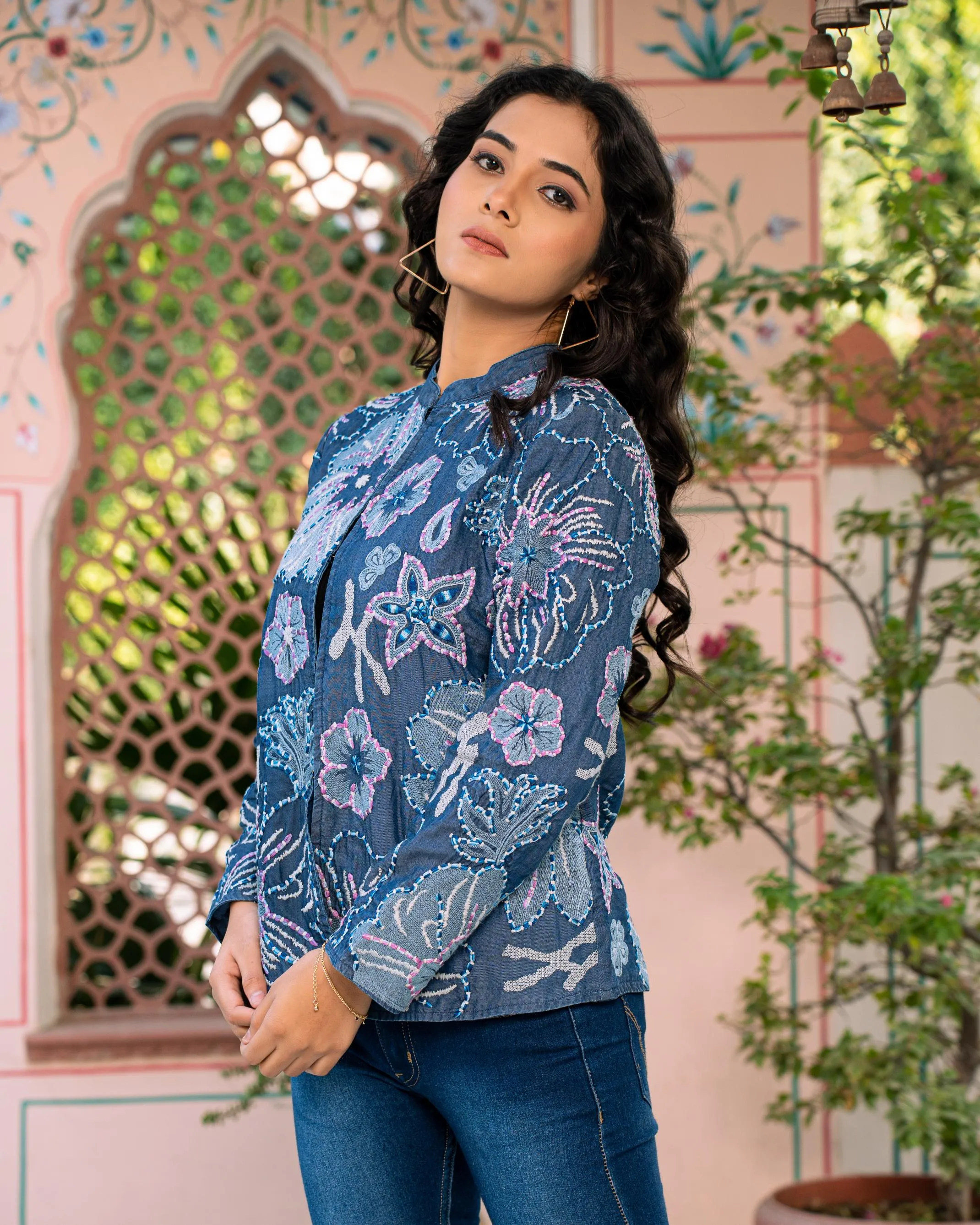 Blue Floral Embroidered French Cotton Jacket