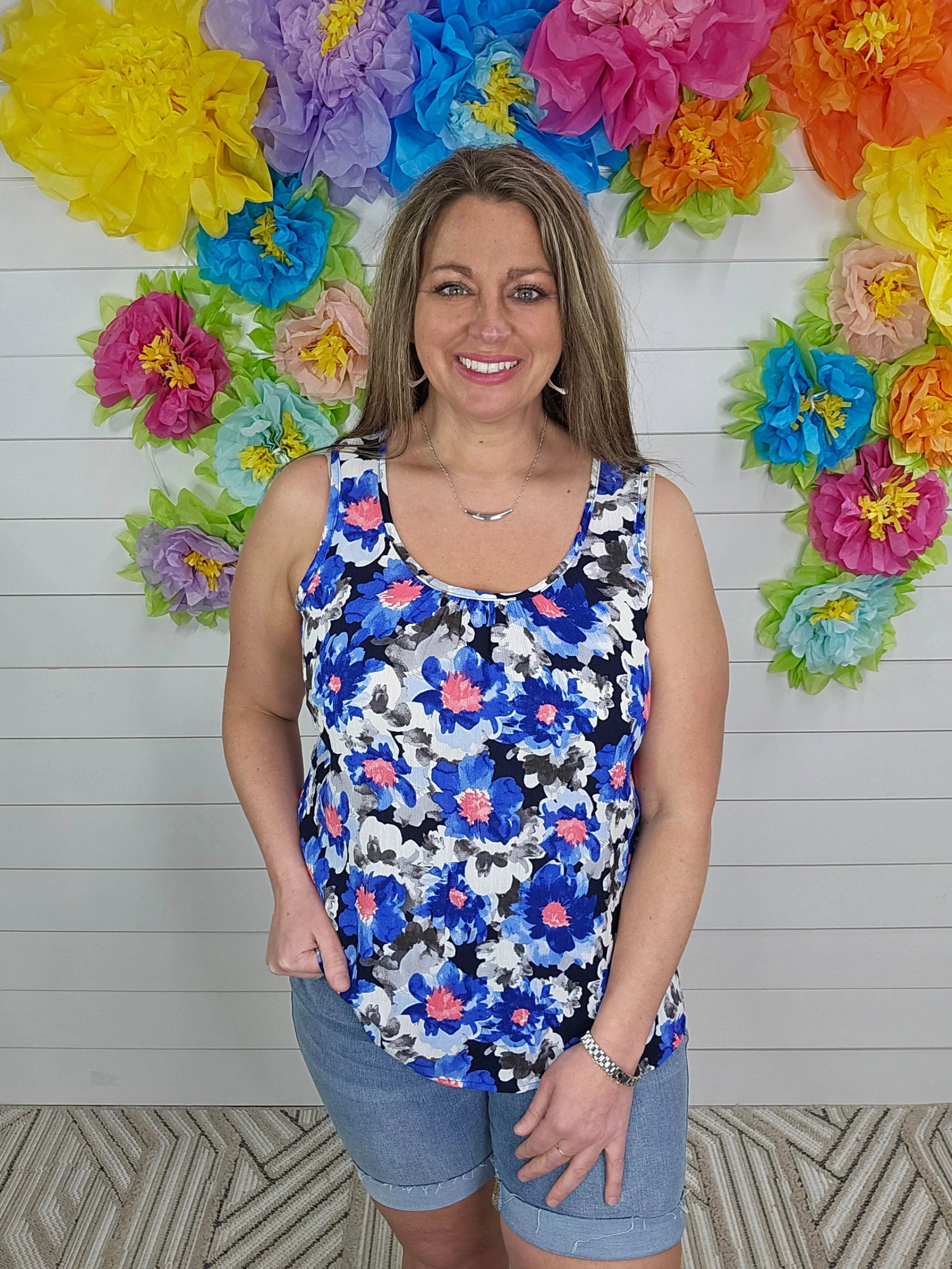 BLUE FLORAL WOVEN TANK