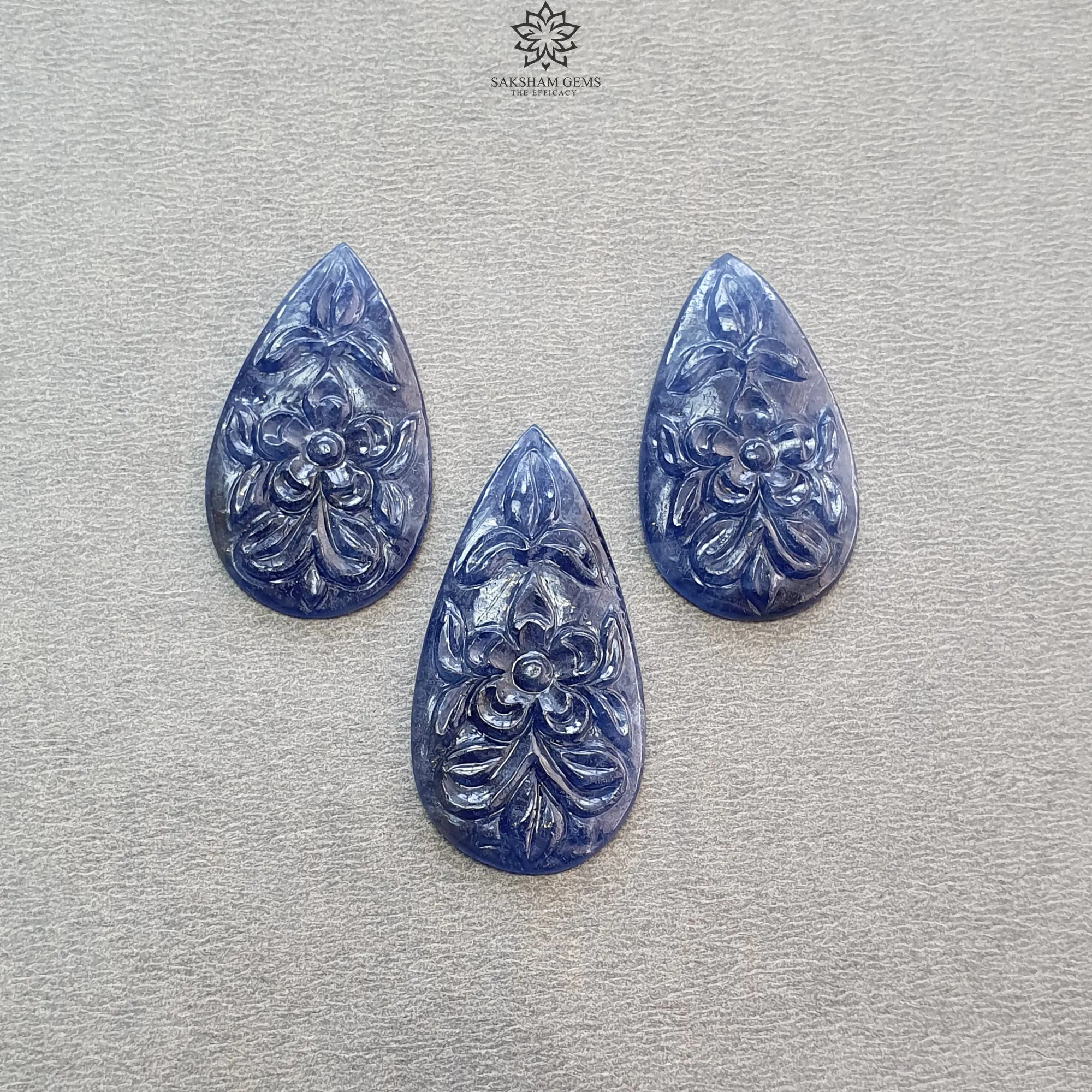 Blue Sapphire Gemstone Carving : 65.60cts Natural Untreated Unheated Blue Sapphire Hand Carved Pear Shape 30*17mm - 35*18mm 3pcs