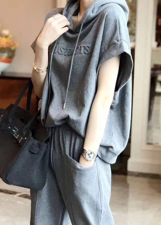 Casual Grey Hooded Sport Suit Cotton Two Pieces Set Summer BV046