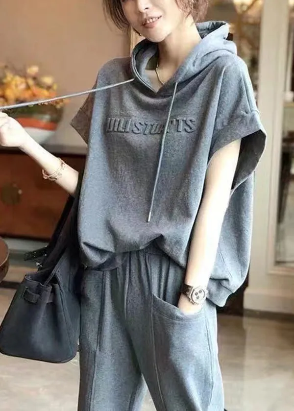 Casual Grey Hooded Sport Suit Cotton Two Pieces Set Summer BV046