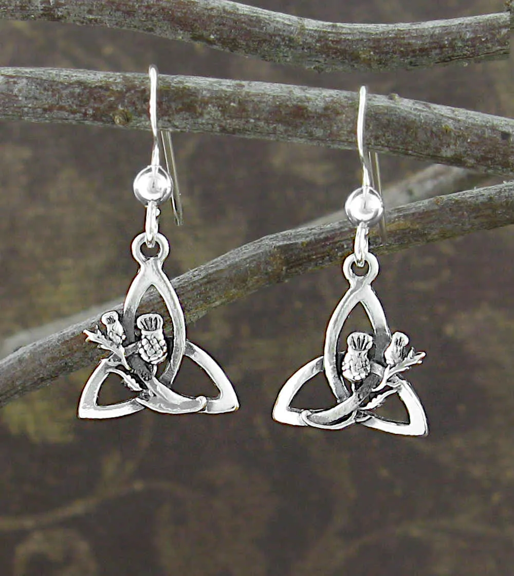 Celtic Triquetra Thistle Flower Drop Earrings