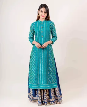 Chanderi Teal Colored Golden Gota Patti Kurta