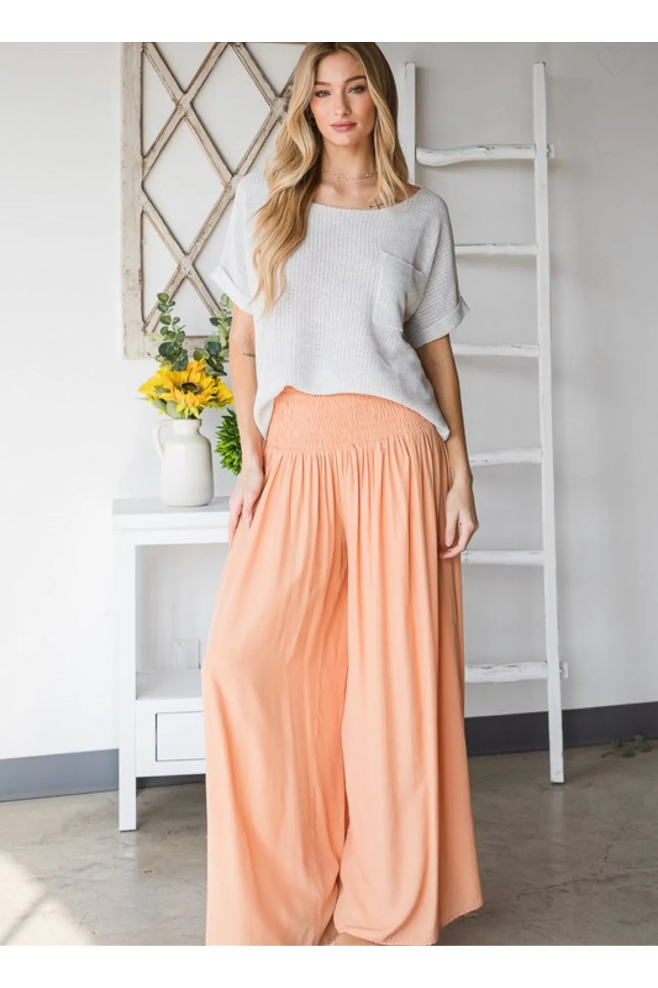 Coral Smocked Palazzo Pants