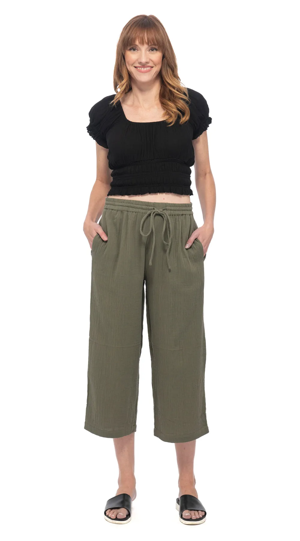 Cotton Gauze Easy Capris - khaki, agave