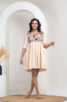 Cream Floral Embroidered Flared Short Dress