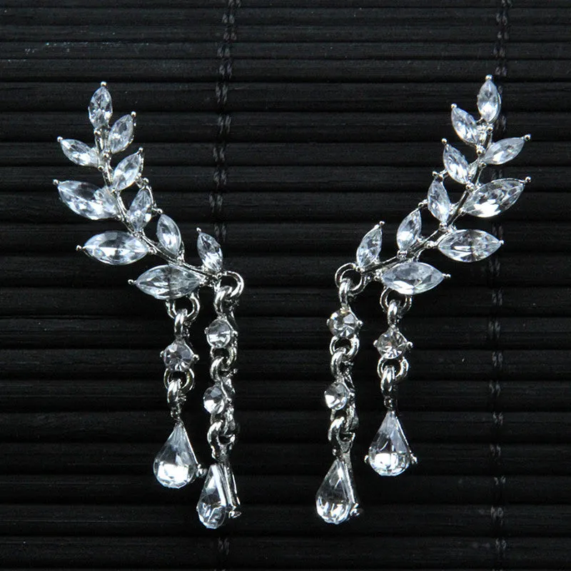 Crystal Leaves Silver Stud Drop Hanging Earrings