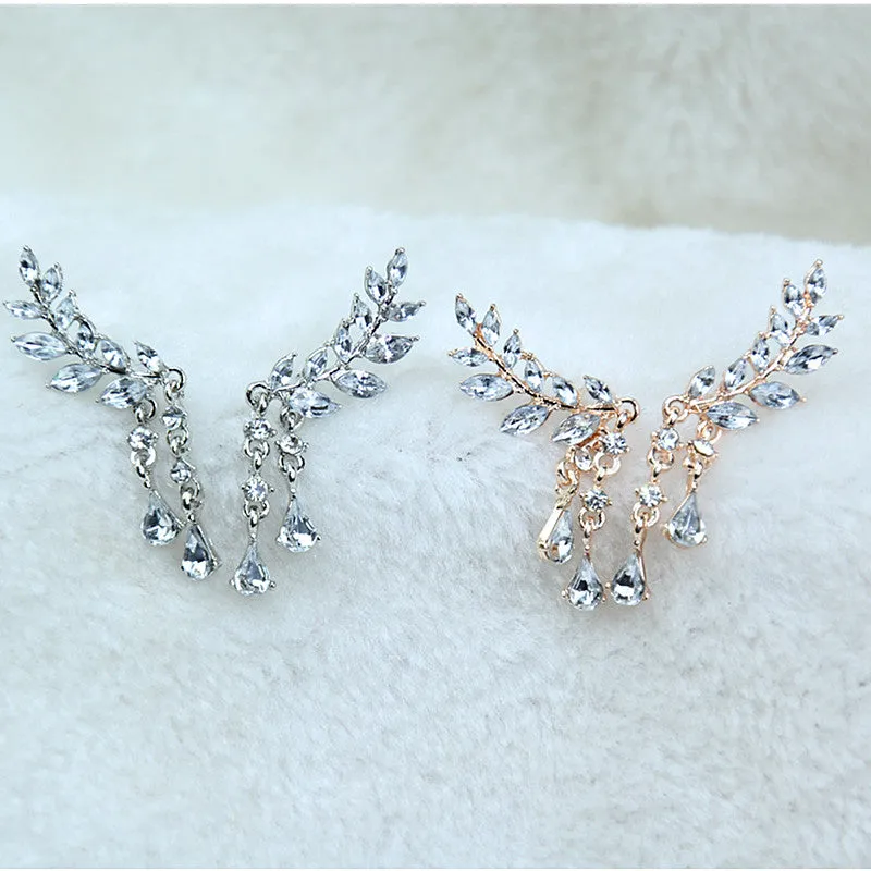 Crystal Leaves Silver Stud Drop Hanging Earrings