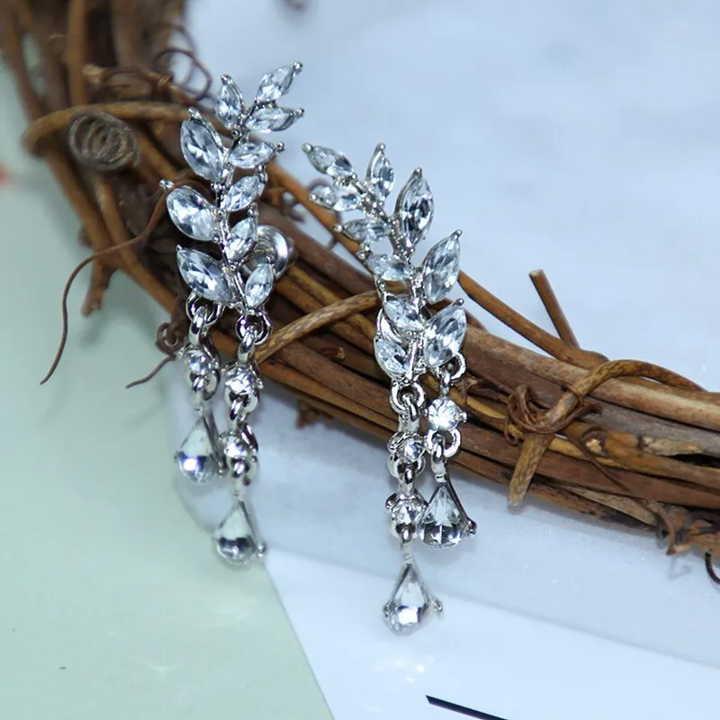 Crystal Leaves Silver Stud Drop Hanging Earrings