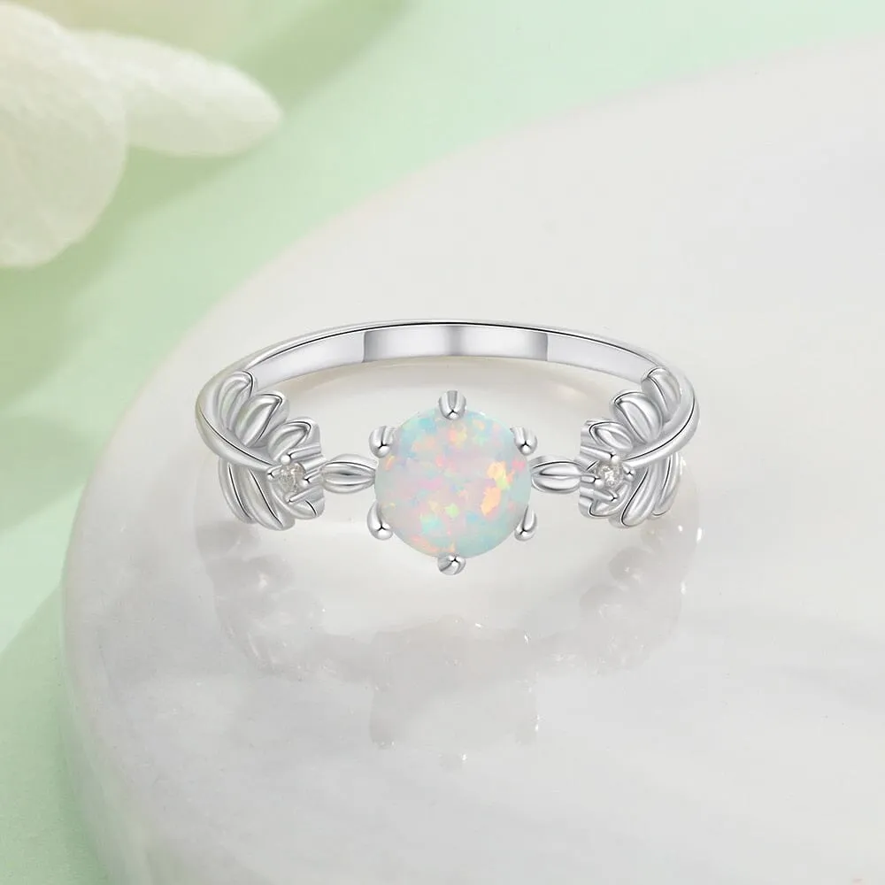 Cute Branch Leaf White Opal Ring - 925 Sterling Silver